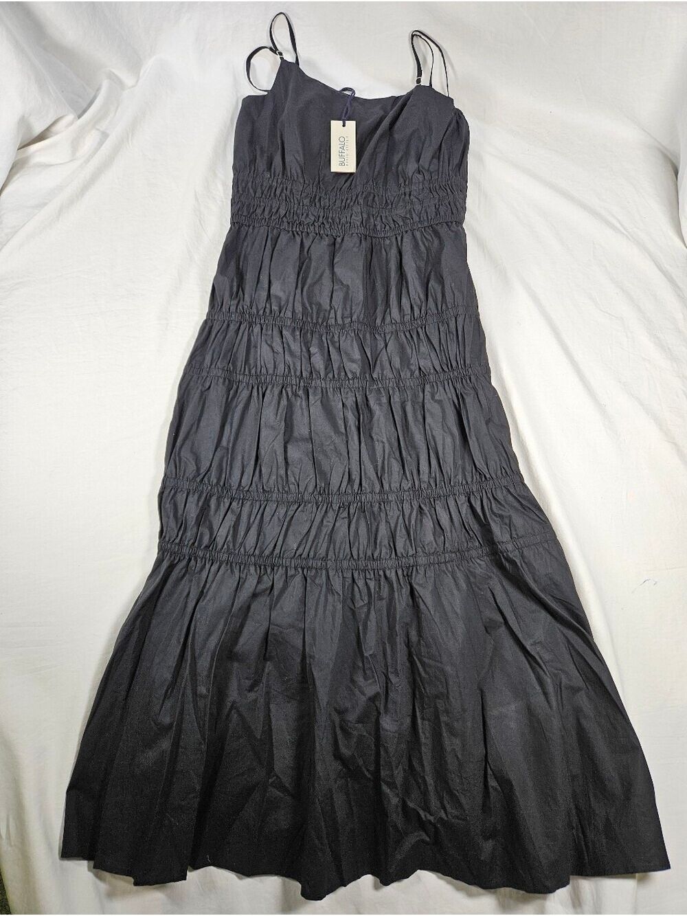 NWT Size Small Buffalo David Bitton Black Smocked Ruching Midi Dress Cotton - Picture 2 of 12